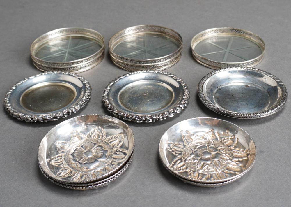 FIVE STERLING MOUNTED GLASS COASTERS  2e619b