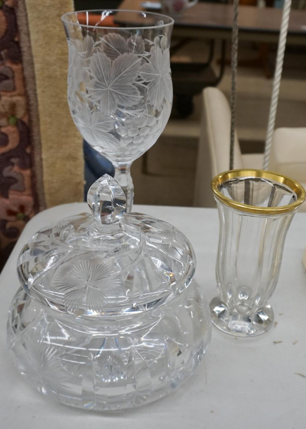 ETCHED CUT CRYSTAL PEDESTAL VASE, COVERED