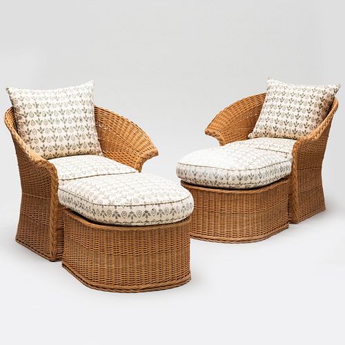 PAIR OF COTTON UPHOLSTERED WICKER