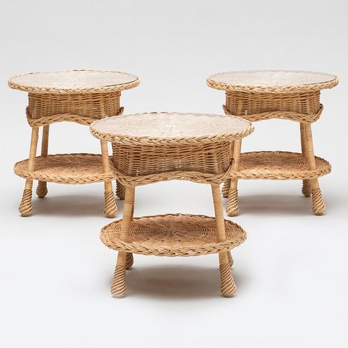 GROUP OF THREE WICKER SIDE TABLES,