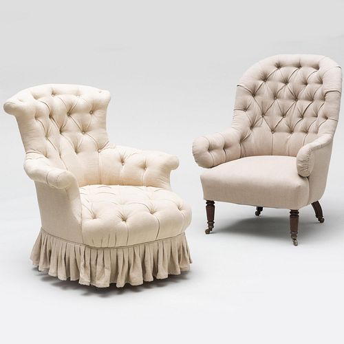 TWO ENGLISH TUFTED LINEN UPHOLSTERED