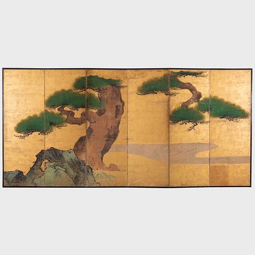 KANO SCHOOL SIX PANEL SCREEN DECORATED 2e3ced