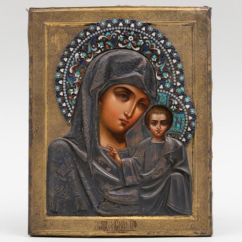 RUSSIAN ENAMELED SILVER ICON OF