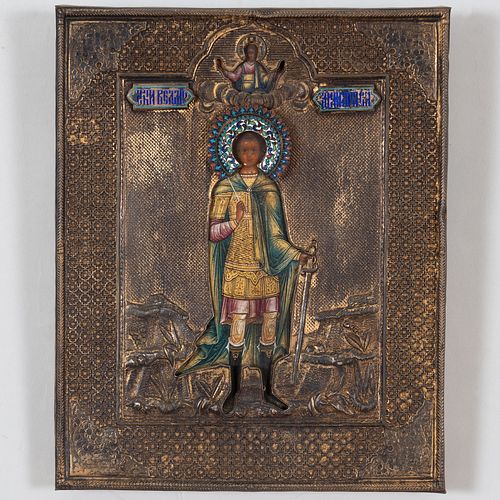 RUSSIAN ENAMELED SILVER ICON OF A SAINT