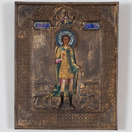 RUSSIAN ENAMELED SILVER ICON OF