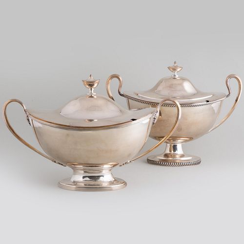TWO SIMILAR SILVER PLATE TUREENS