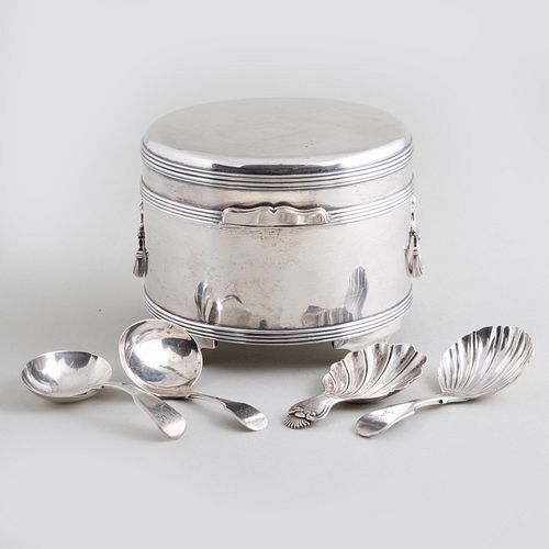 GEORGE V SILVER TEA CADDY AND GROUP