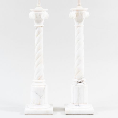 PAIR OF CARVED ALABASTER COLUMNAR 2e3e84