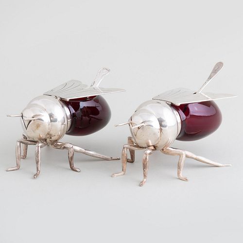 PAIR OF BEE FORM SILVERPLATE HONEY JARSTogether