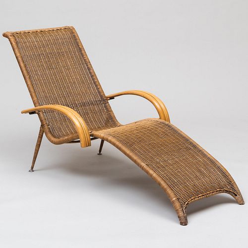 MID CENTURY WICKER CHAISE LOUNGE,