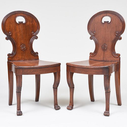 PAIR OF ENGLISH CARVED OAK HALL