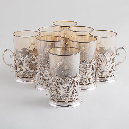 SET OF EIGHT PERSIAN SILVER TEA