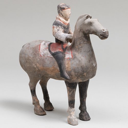 CHINESE PAINTED POTTERY HORSE AND