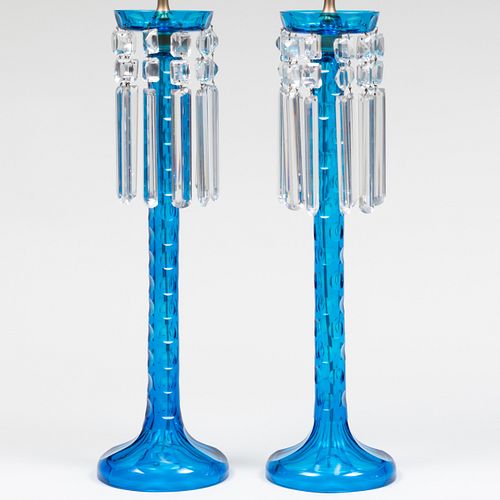 PAIR OF BLUE GLASS LUSTERS MOUNTED 2e4445