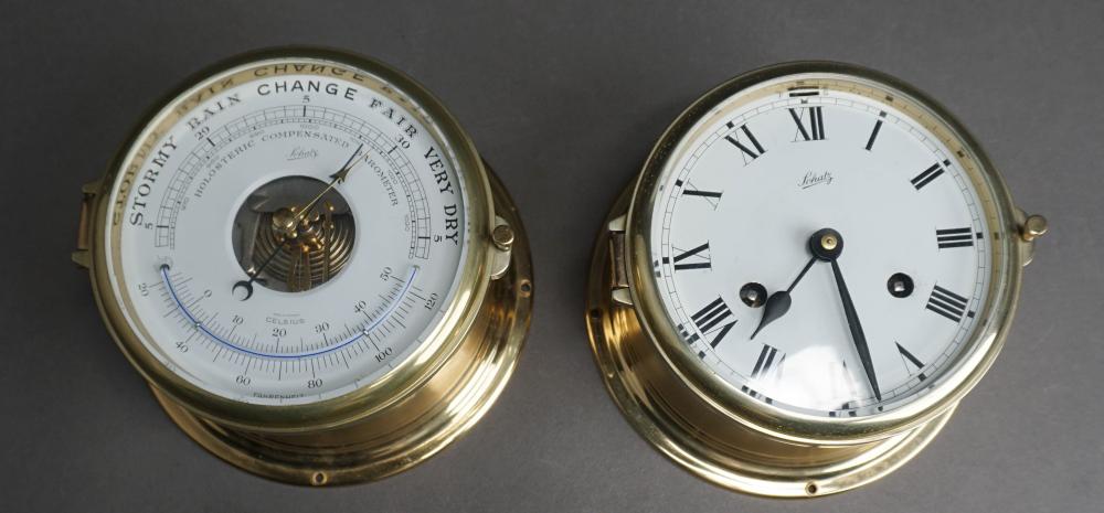 SCHATZ BRASS SHIP'S CLOCK AND BAROMETER/THERMOMETER,