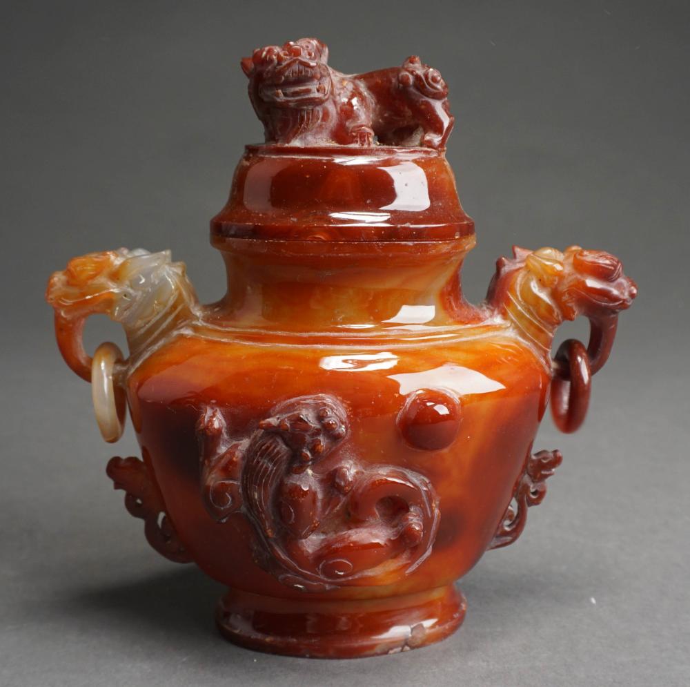 CHINESE ROUGE AGATE COVERED URN