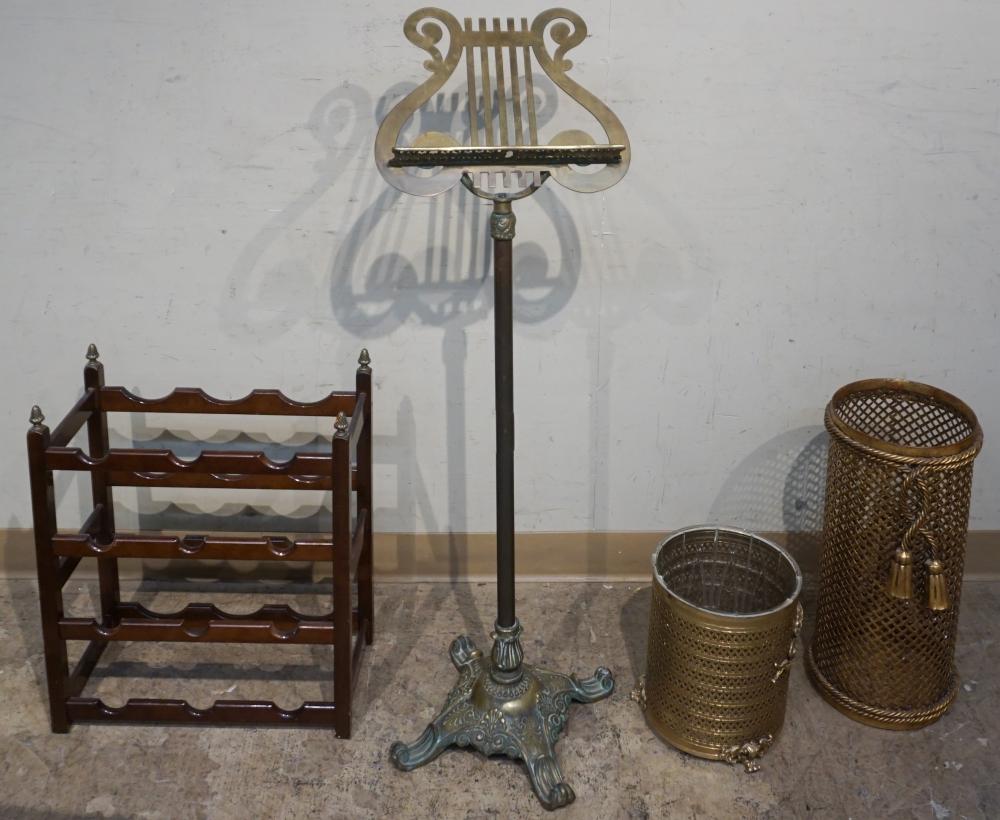 BRASS MUSIC STAND, TWO BASKETS