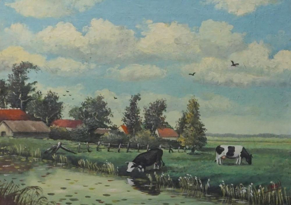V. WELL, COWS AT PASTURE, OIL ON