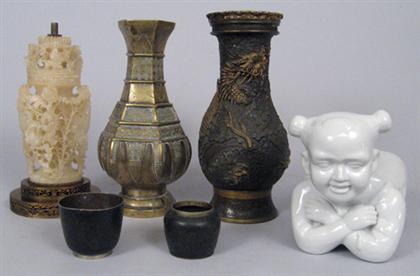 Chinese soapstone vase, two brass vases,