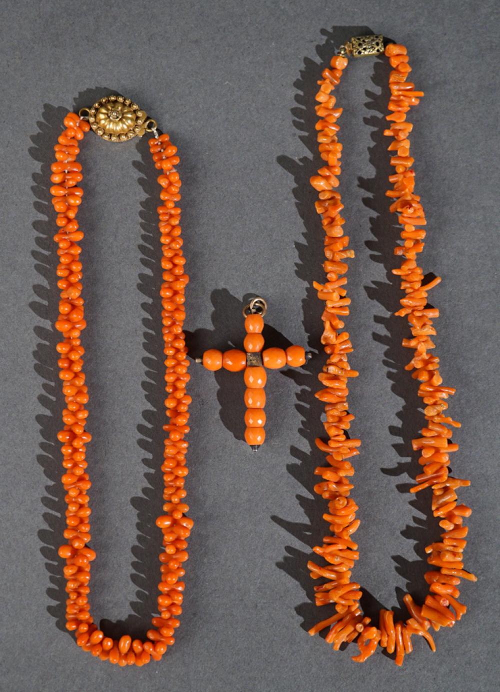 TWO CORAL NECKLACES AND A CROSS