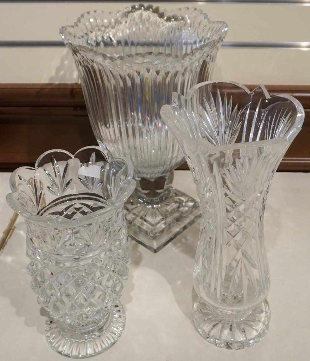 THREE CRYSTAL VASES, H OF TALLEST: