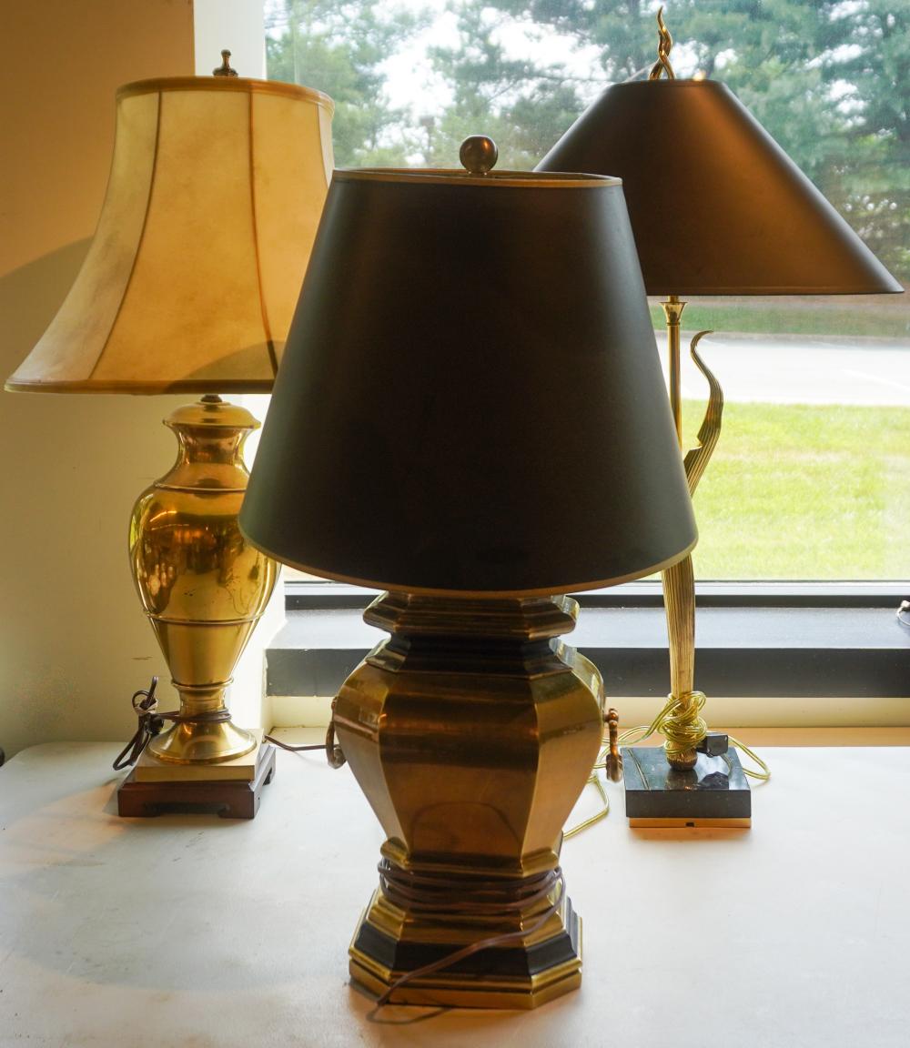 THREE BRASS TABLE LAMPS, H OF TALLEST: