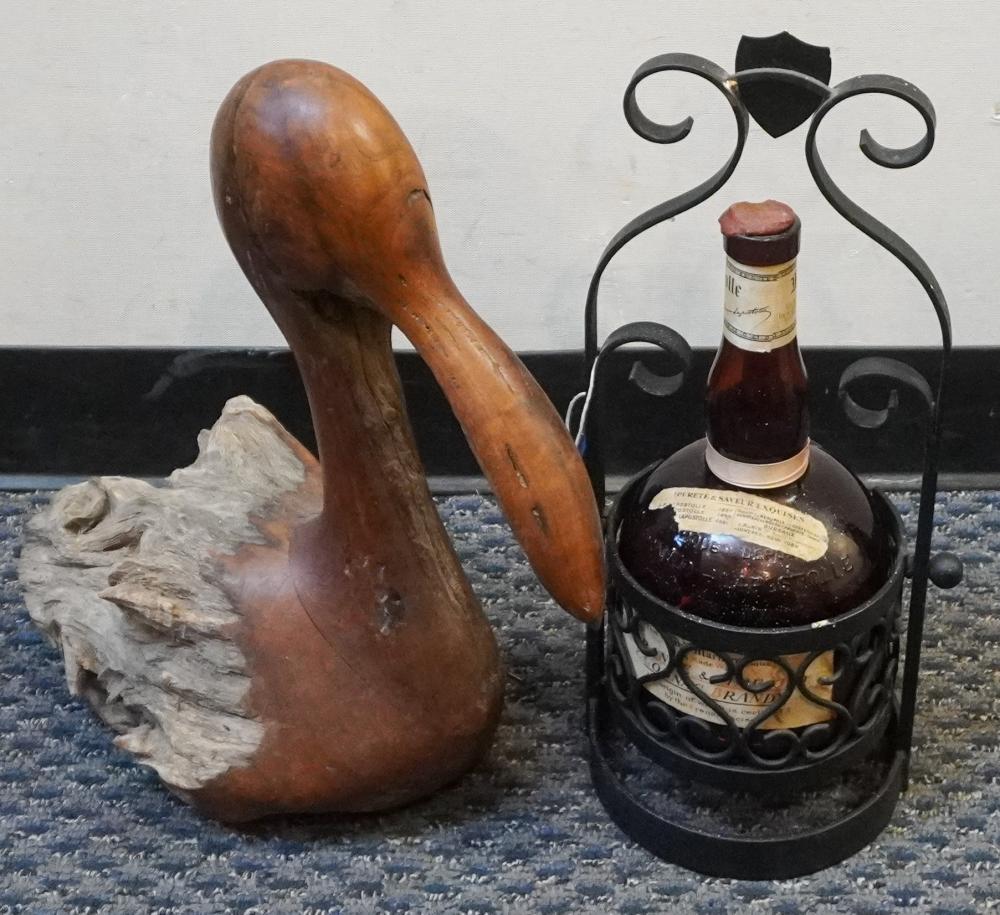 CARVED WOOD PELICAN AND IRON BOUND WINE