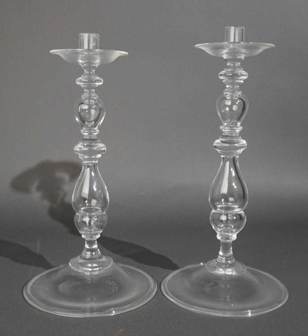 PAIR STEUBEN CRYSTAL PILLAR CANDLESTICKS,