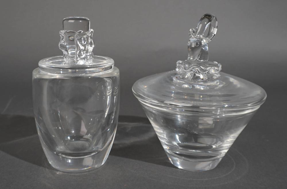 TWO STEUBEN COVERED CRYSTAL JARS,