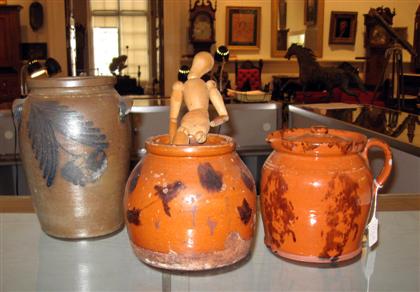 Three piece redware and stoneware group