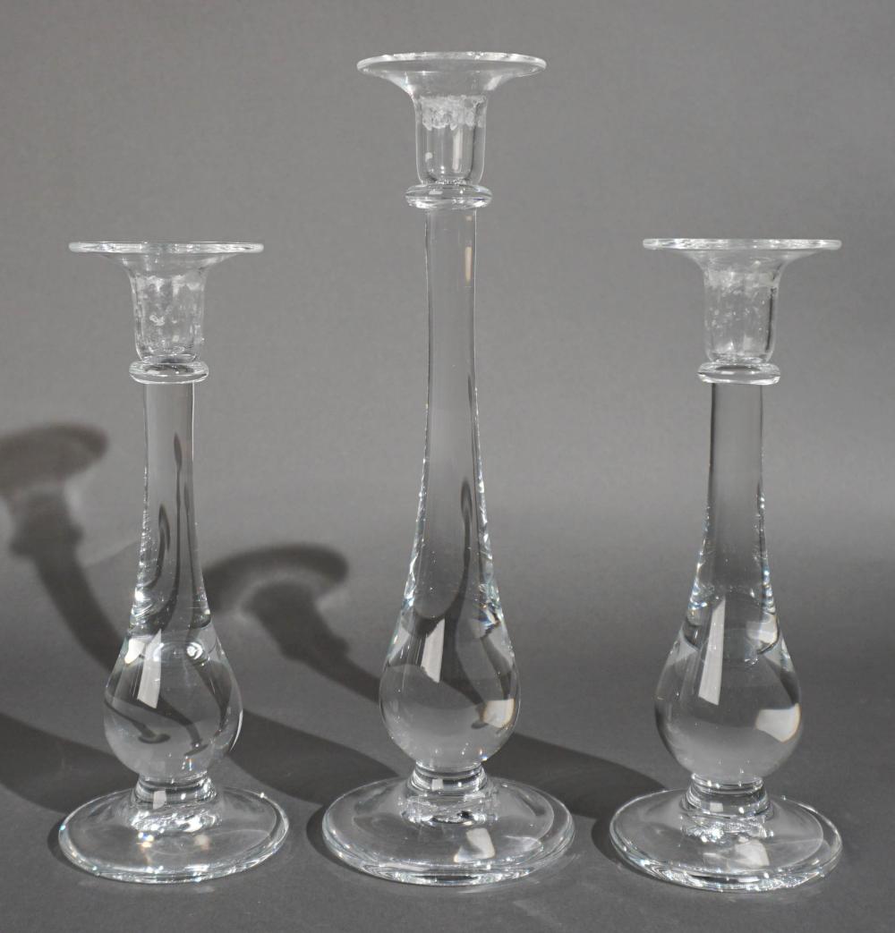 THREE SIMON PIERCE CRYSTAL CANDLESTICKS