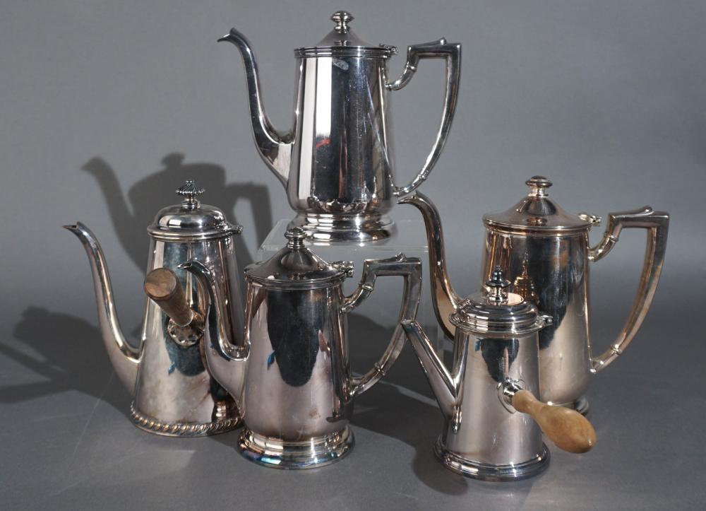 FIVE ASSORTED SILVERPLATE TEAPOTS