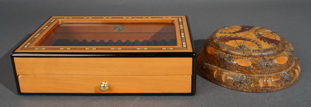 INLAID WOOD CIGAR BOX AND A FRENCH