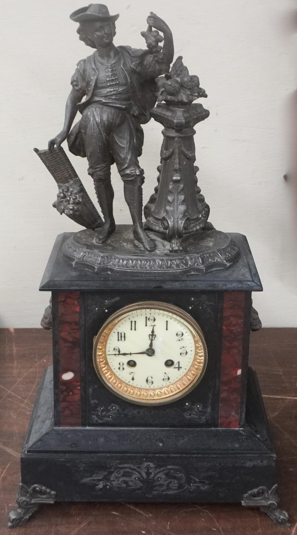 FRENCH FIGURAL METAL MANTLE CLOCK, H: