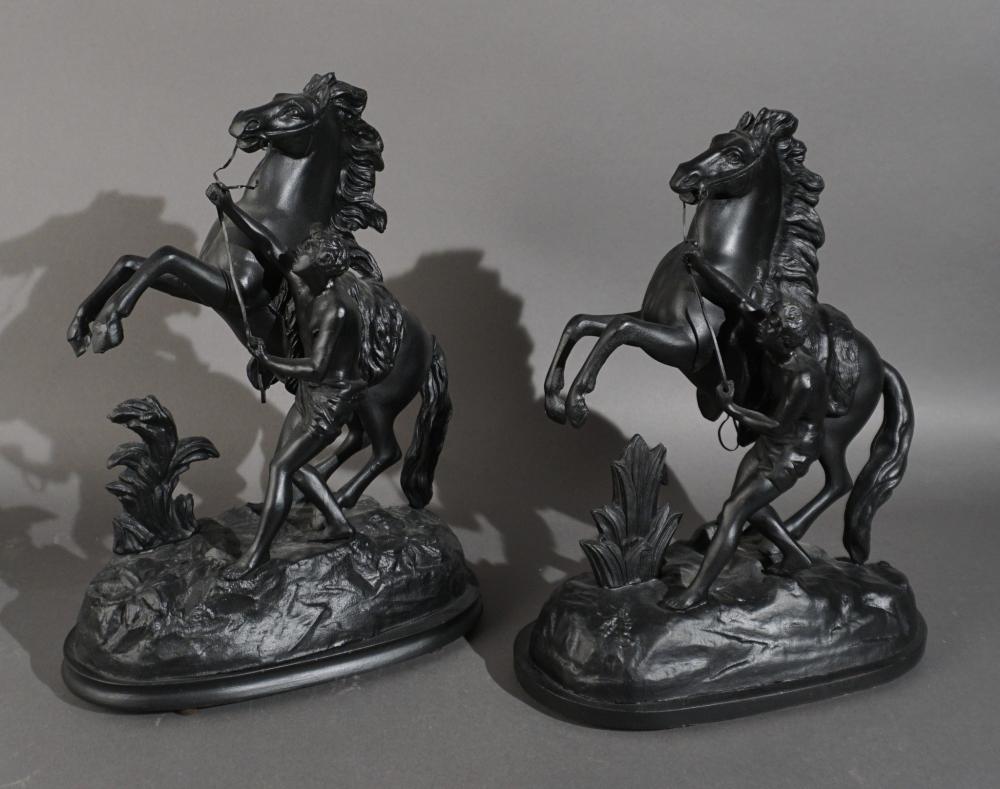 PAIR BLACK PAINTED METAL MARLY HORSES,