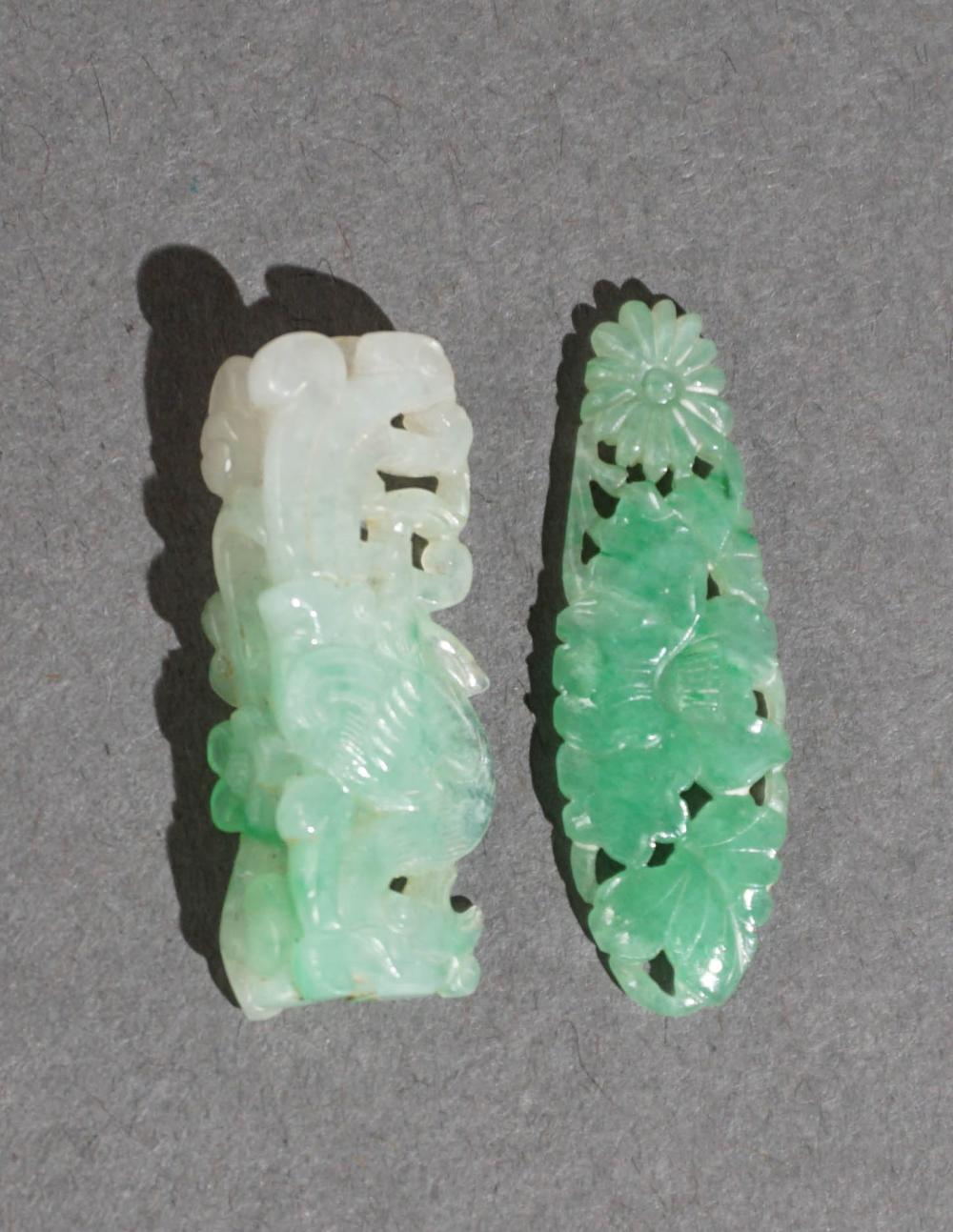 TWO CARVED APPLE GREEN JADE AMULETS