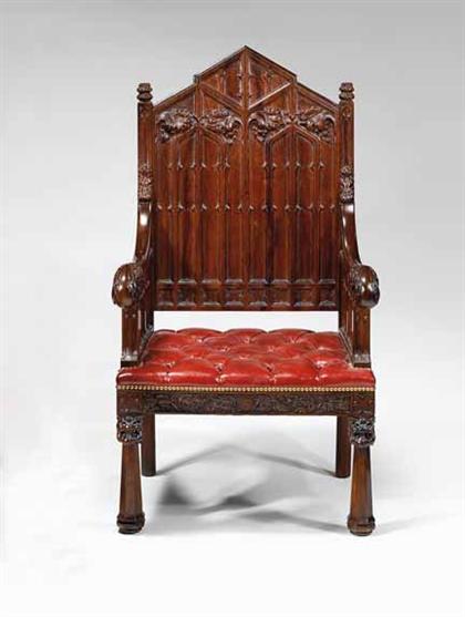 Carved and upholstered walnut Gothic 4a5a9