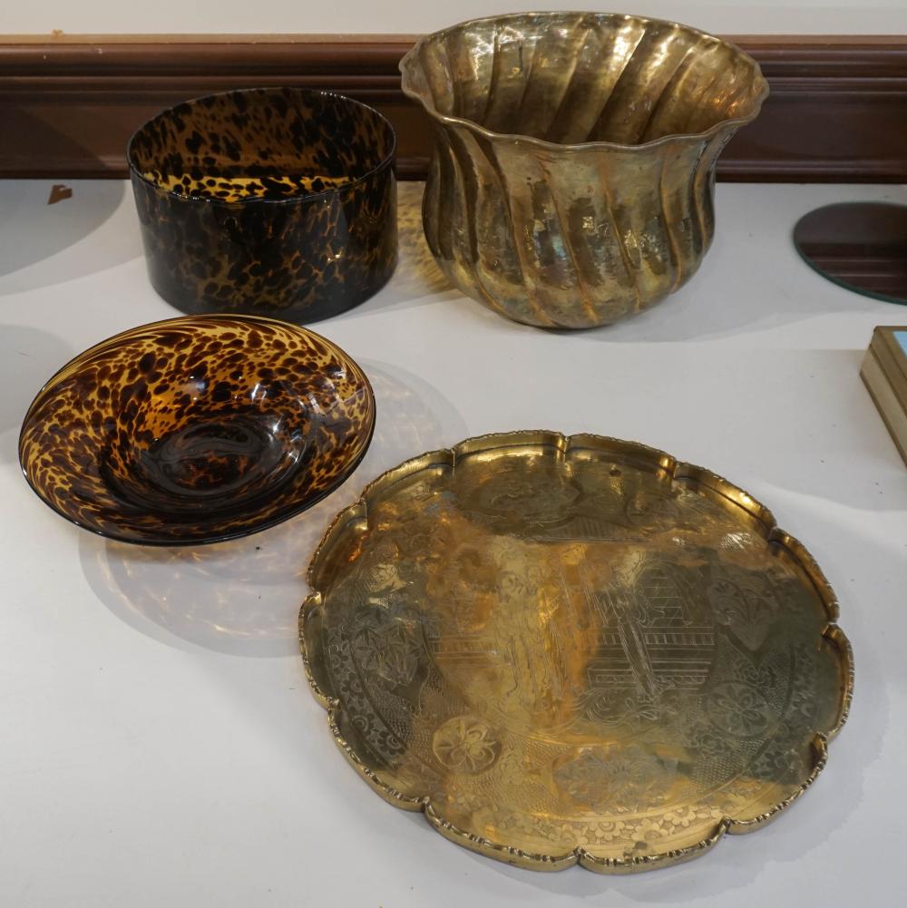 TWO GLASS BOWLS, CHINESE BRASS TRAY