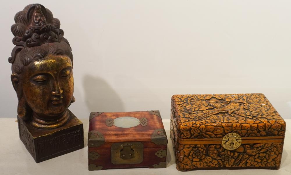 CHINESE CARVED WOOD BOXES AND BUST 2e7901