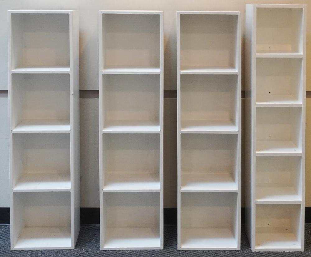 FOUR WHITE PAINTED FRUITWOOD SHELVES,