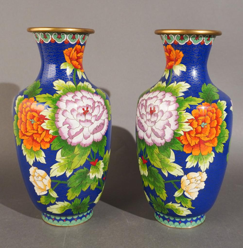 PAIR CHINESE CLOISONNE VASES, H: