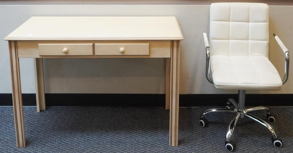 TAN PAINTED DESK AND VINYL UPHOLSTERED