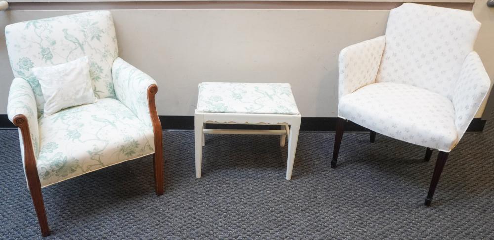TWO FLORAL UPHOLSTERED CHAIRS AND 2e7983