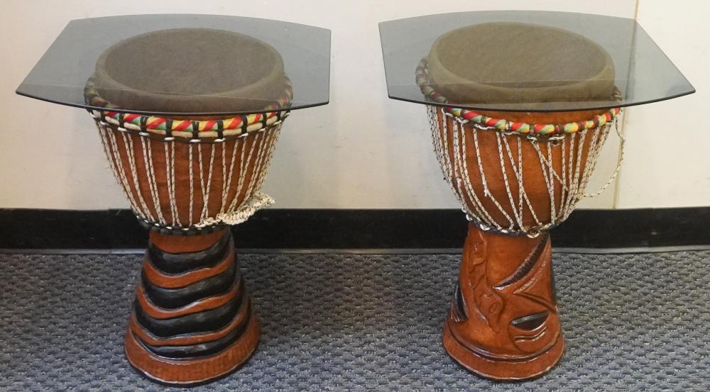 PAIR GLASS TOP BONGO SIDE TABLES,