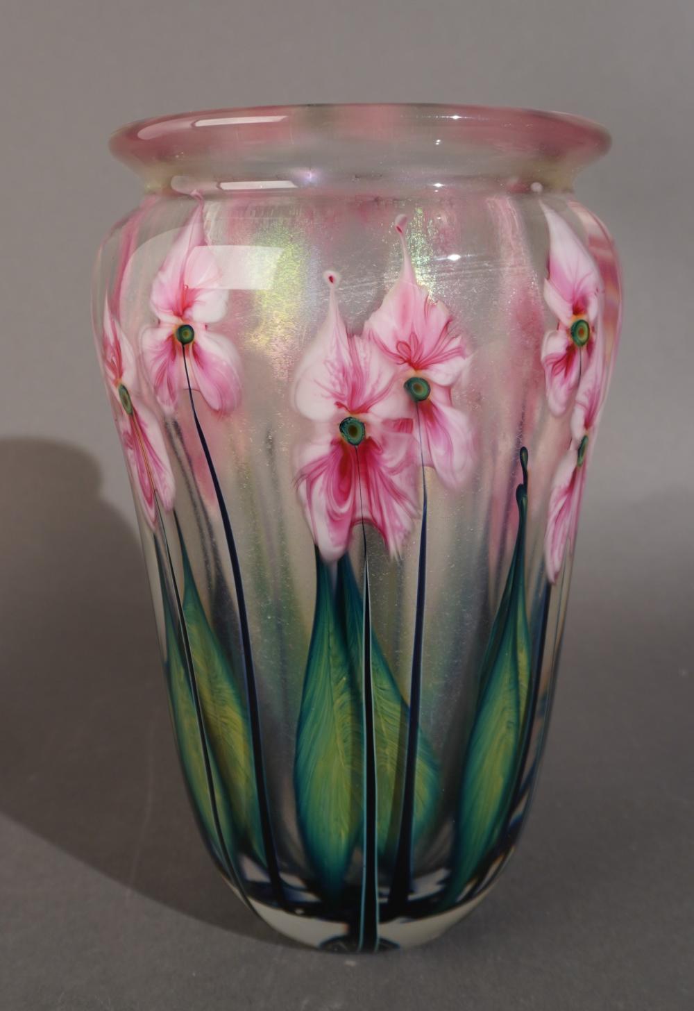 FLORAL DECORATED ART GLASS VASE, SIGNED