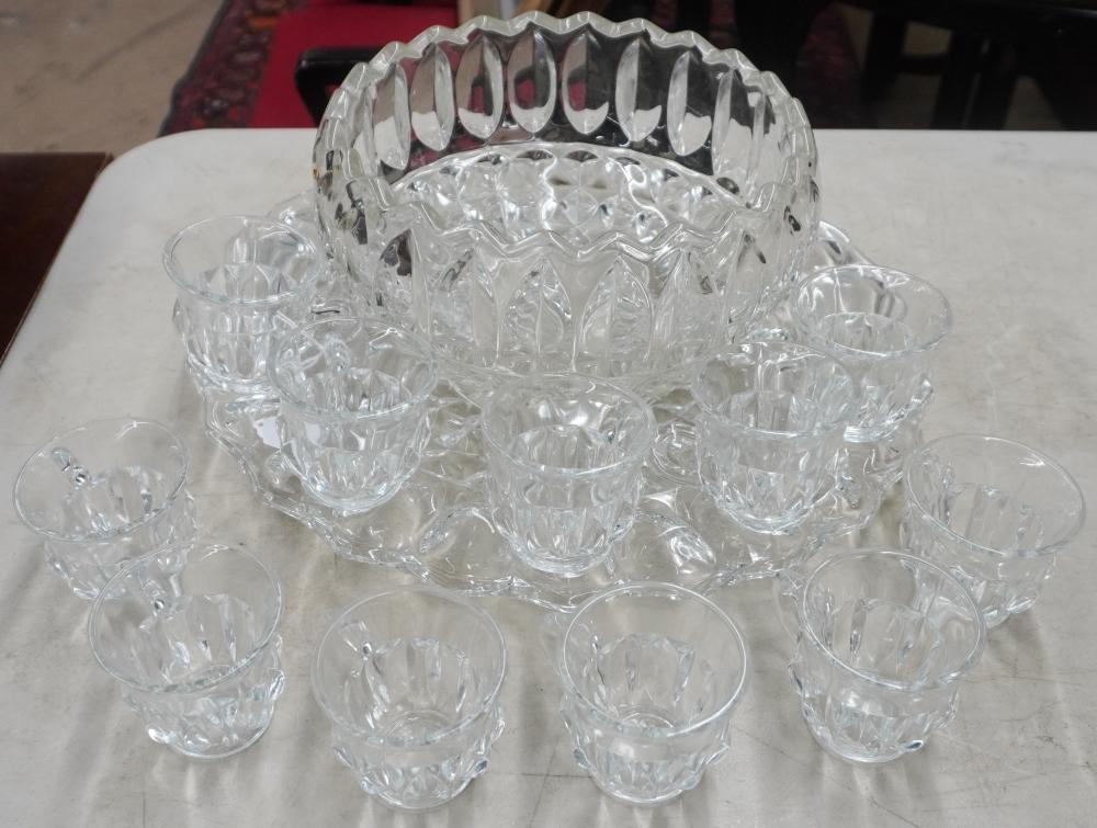 GLASS PUNCH BOWL, CUPS AND UNDERTRAYGlass