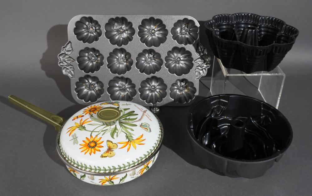 THREE FOOD MOLDS AND AN ENAMELED LIDDED