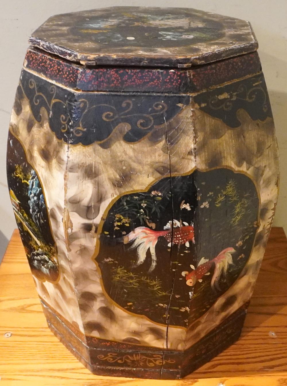 CHINESE PAINTED WOOD BARREL-FORM