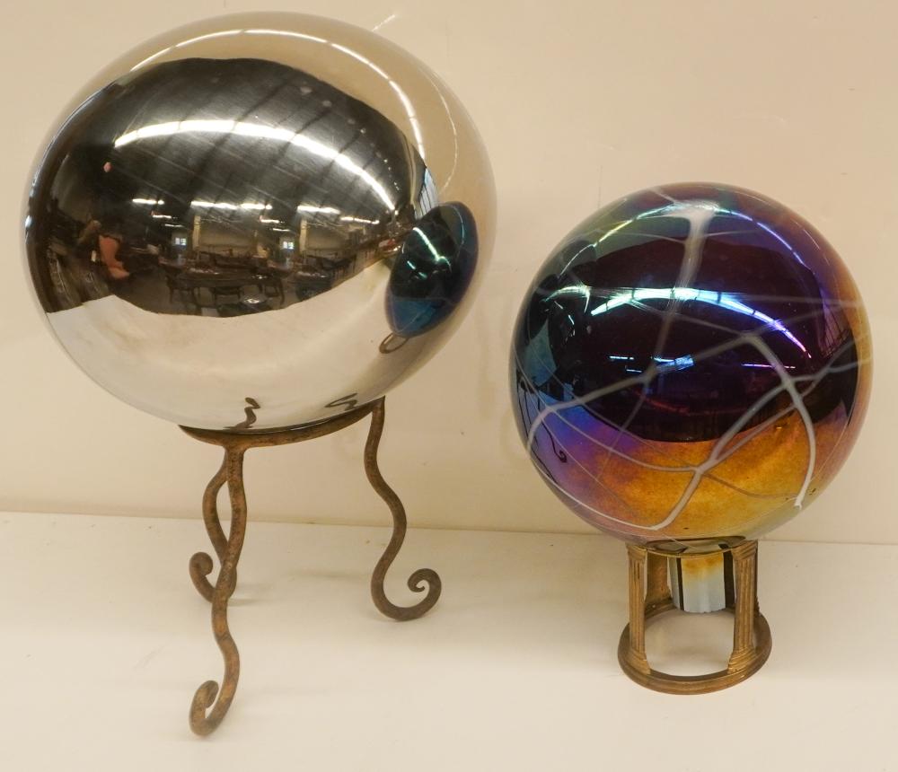 TWO MIRRORED SPHERICAL LAWN ORNAMENTS,