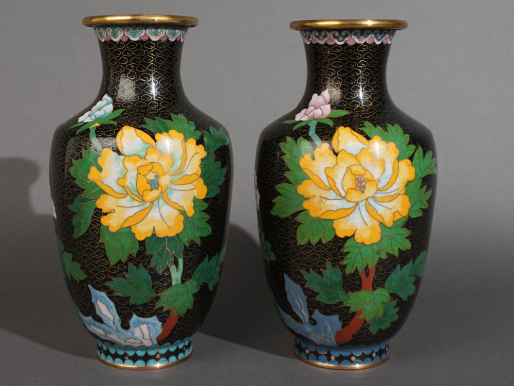 PAIR CHINESE CLOISONNE VASES, H: